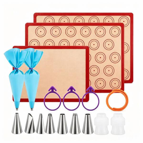 17-Piece Silicone Macaron Baking Mats Kit with Quarter Sheet, Half Sheet, Piping Pastry Bag, Bag Tie and Piping Tips