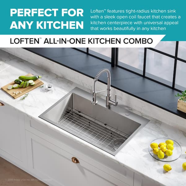 Loften All-in-One Dual Mount Stainless Steel 33in. Single Bowl Kitchen Sink with Pull Down Faucet in Black and Steel Loften All-in-One Dual Mount Stainless Steel 33in. Single Bowl Kitchen Sink with Pull Down Faucet in Black and Steel