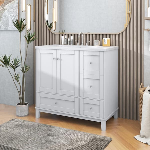 Virubi 36 in. W x 18 in. D x 34 in. H Single Sink Bath Vanity in White with White Resin Top, USB Charging and Drawers
