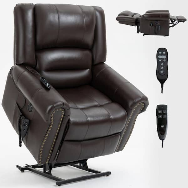 Power Lift Recliner Chair in Brown Genuine Leather with Heat, Massage, Dual Motor, USB Ports and 350 lb. Weight Capacity