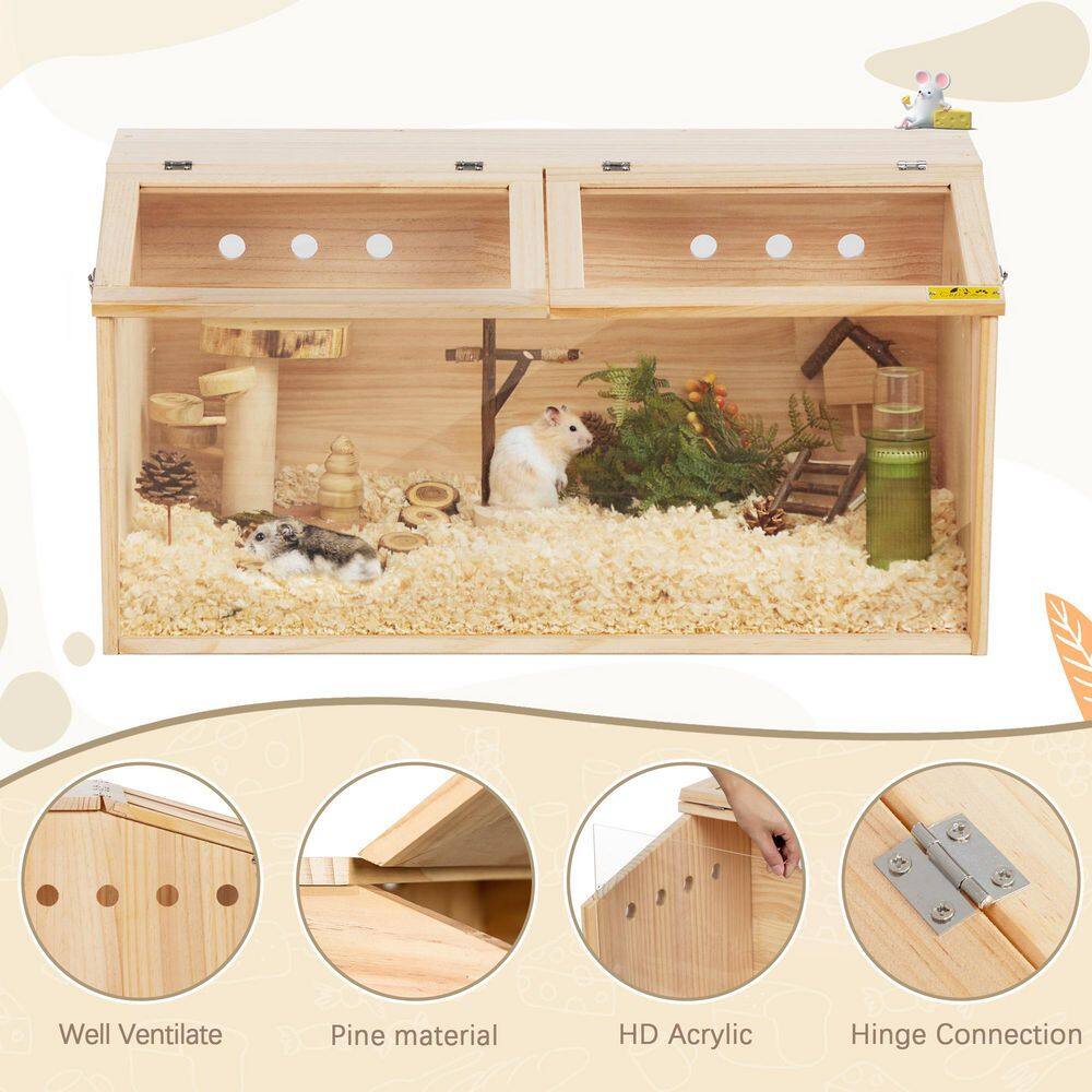 Natural Pinewood Hamster Cage with Acrylic Roof and Panels