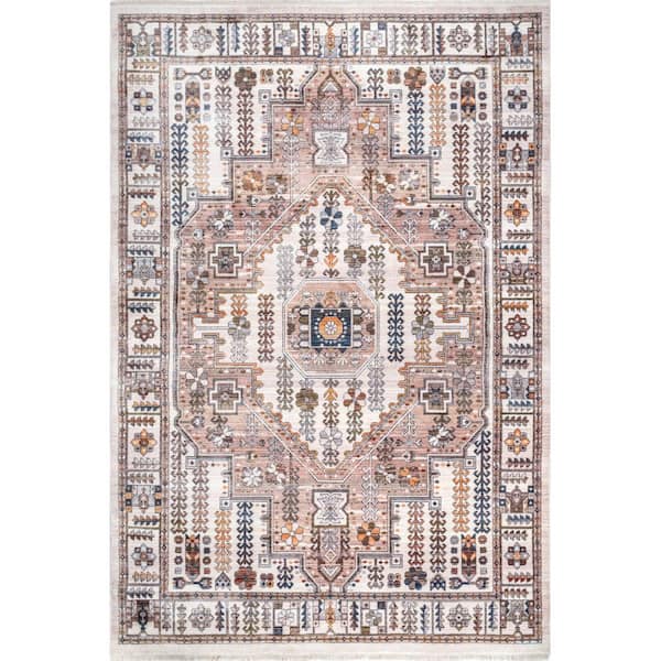nuLOOM Jocelyn Global Inspired Medallion Fringe Beige 6 ft. 7 in. x 9 ft. Area Rug
