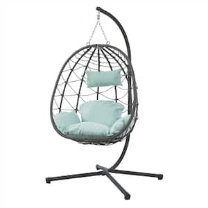 1-Person Metal Patio Swing Egg Chair with Stand, Light Green Cushion and Pillow