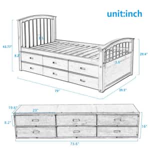 Oak Twin Size Solid Wood Platform Bed with 6-Drawers