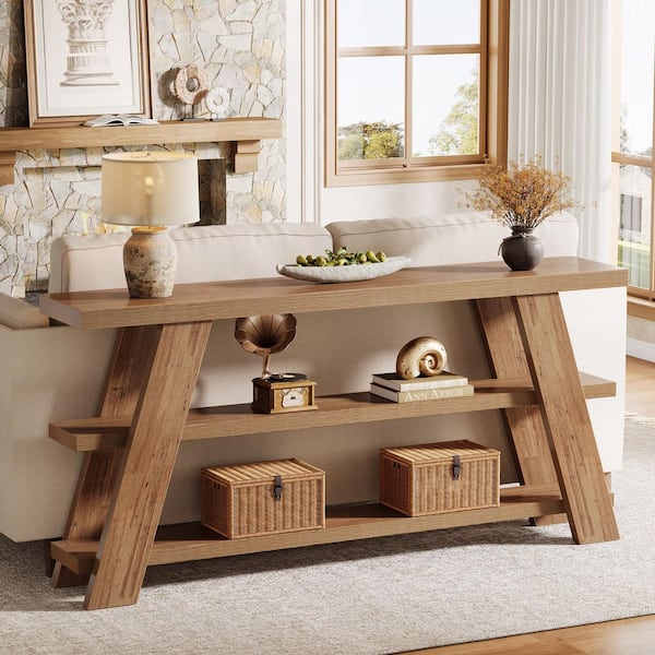 BYBLIGHT Turrella 70.9 in. Brown Rectangle Wood Console Table with 3-Tier Shelf, Narrow Wooden Sofa Table