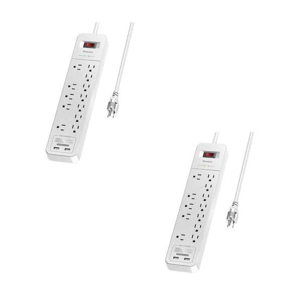 Huntkey Power Strip Surge Protector with 12 AC Sockets and 2 USB Charging Ports in White (2-Pack)