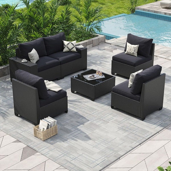 Black 6-Pieces Rattan Wicker Steel Patio Outdoor Sectional Set with Black Cushions, Coffee Table and Cover
