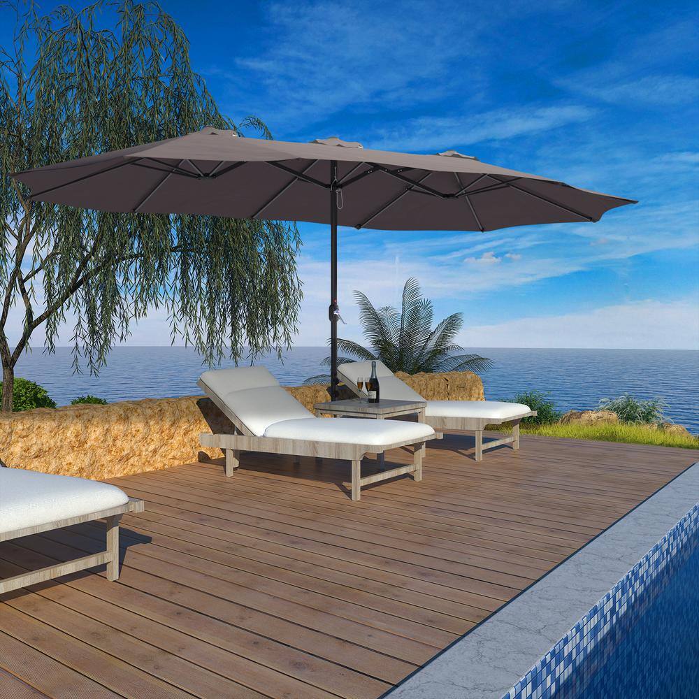 15 ft. Brown Aluminum Market Patio Umbrella with Stand