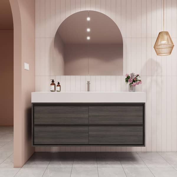 BV Better Vanity Saggie 59 in. W. x 20 in. D x 28 in. H Single Sink Floating Bath Vanity in Dark Gray Oak with White Acrylic Top