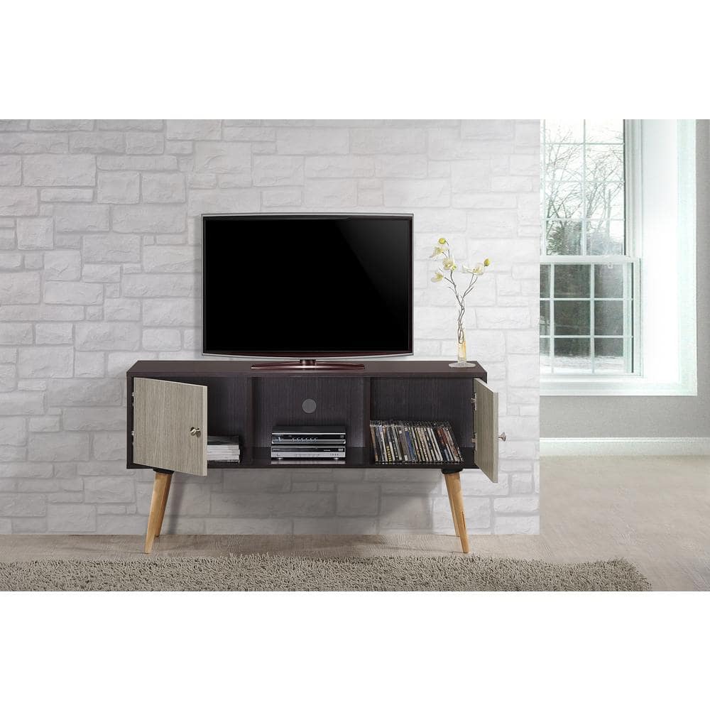 Retro Chocolate Wooden TV Stand with Open Shelf and Storage