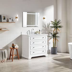 36 in. W x 22 in. D x 36 in. H Single Sink Solid Wood Bath Vanity in White with White Marble Top, Soft-Close