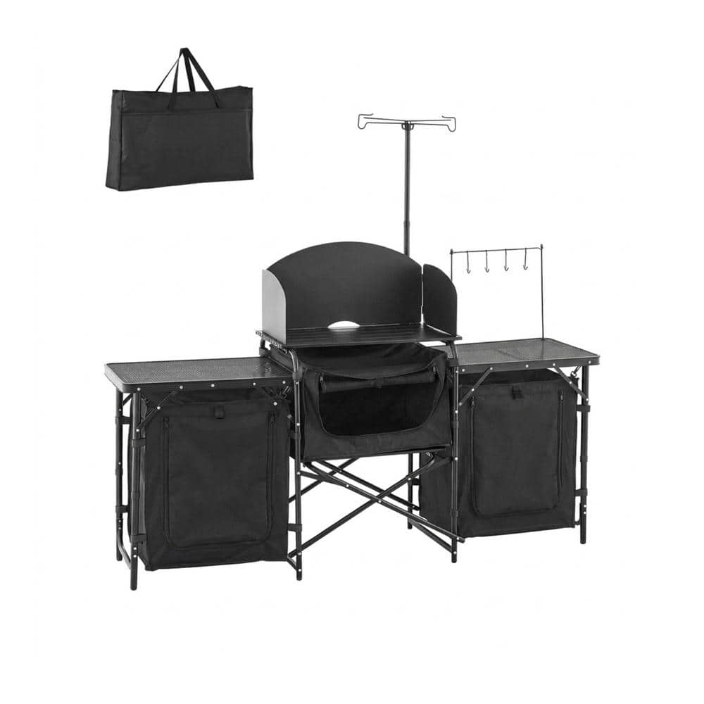 Camping Kitchen Table Folding Aluminum Cook Station 3 Storage Cupboard Steel Grill Side Windscreen Black price history on PriceWatchPro
