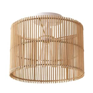 11.75 in. 1-Light Matte White Semi-Flush Mount Ceiling Light with Natural Bamboo Shade