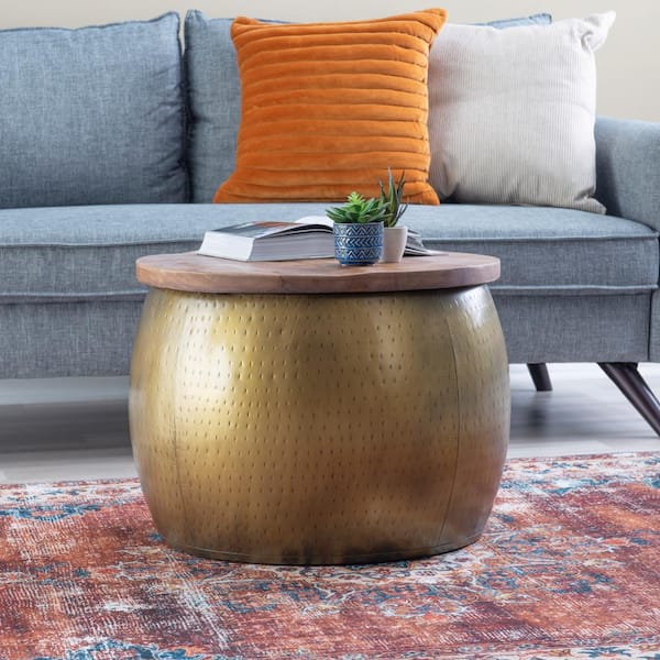 Powell Company Wagner Metal 22.5 in. Small Brass Round Wood Top Coffee Table with Storage HD1413A19
