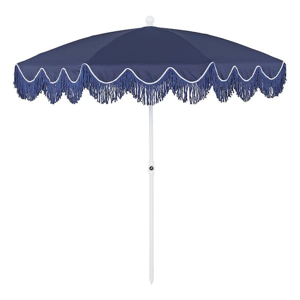 Mariner 6.5 ft. Classic Cottage Fringe Tassel Market Beach Umbrella in Navy/Blue, White Pole