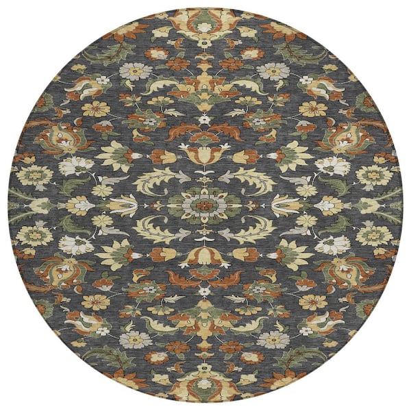 Chantille Machine Washable Indoor/Outdoor Abstract ACN2473 Charcoal 8 ft. x 8 ft. Round Rug