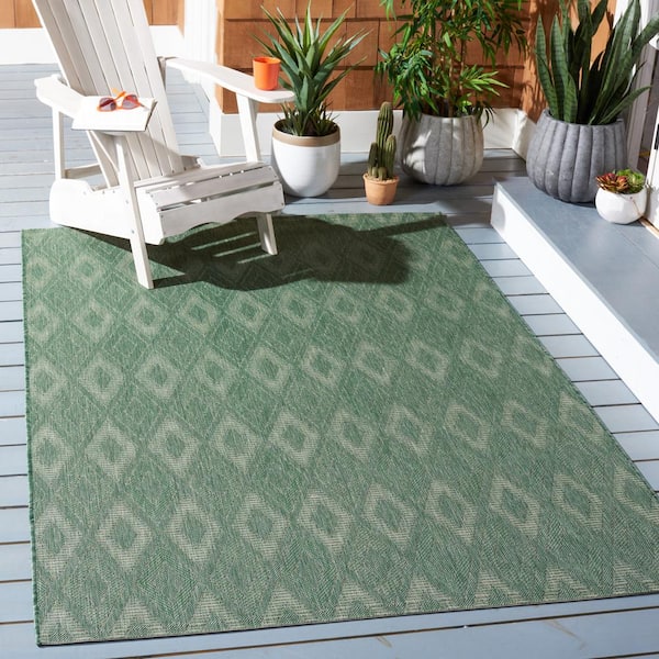 Courtyard Dark Green/Beige 2 ft. x 4 ft. Diamond Ikat Indoor/Outdoor Area Rug