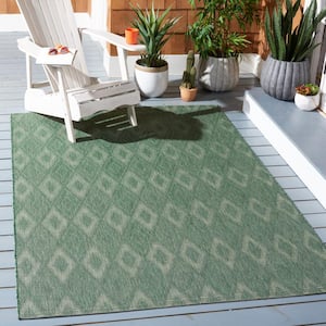 Courtyard Dark Green/Beige Doormat 3 ft. x 5 ft. Diamond Ikat Indoor/Outdoor Area Rug