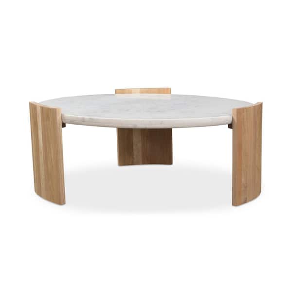 Crest 35 in. White Round Marble Coffee Table with Solid Oak Base