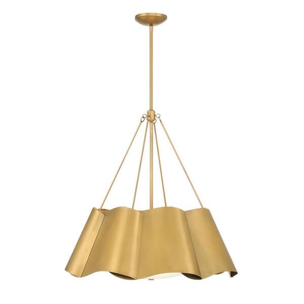 Minka Lavery - Waveform 60-Watt 4-Light Legacy Brass Round Pendant Light with Etched Seeded Glass and Metal Shades, No Bulbs Included