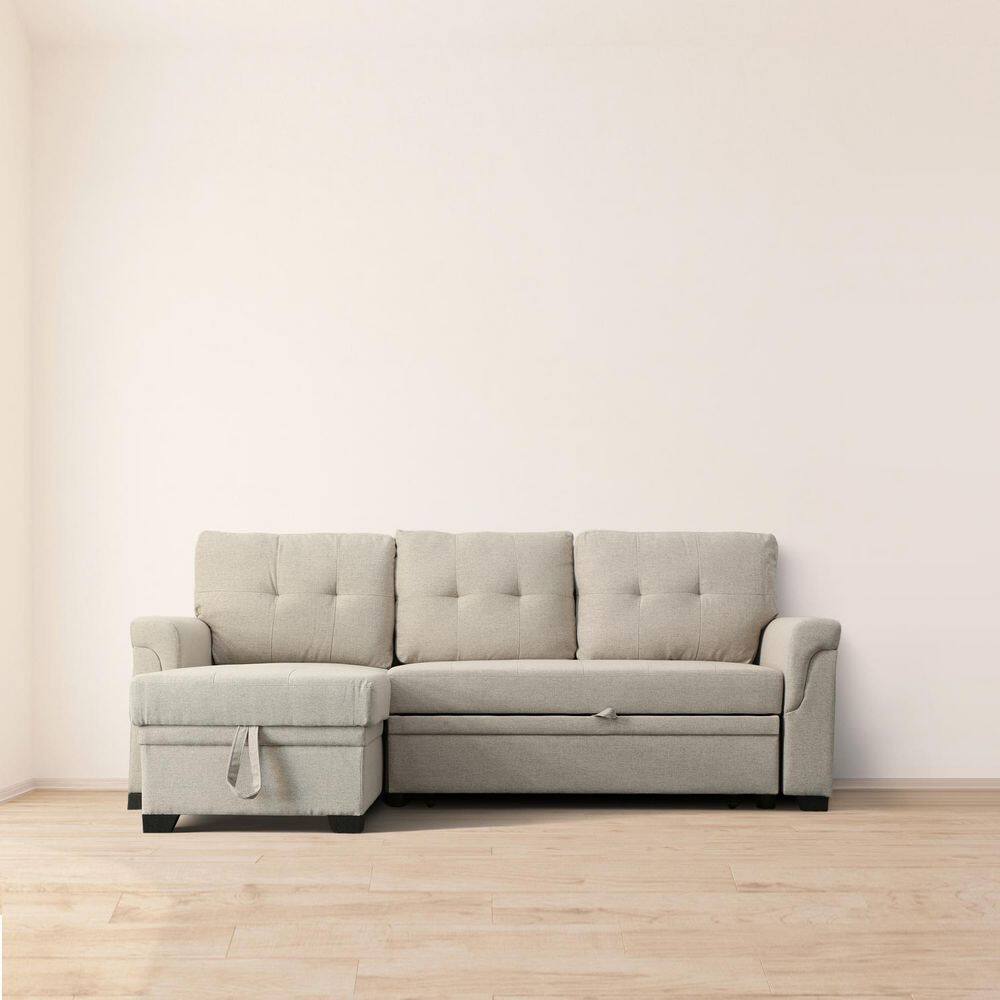 Elliot 84 in. Pillow Top 2- piece Linen Fabric L Shaped Sleeper Sectional Sofa with Storage Chaise in Light Gray