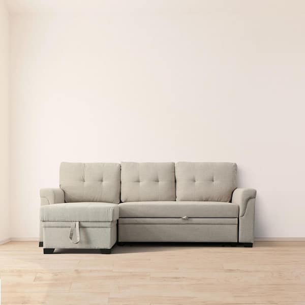 Benjara Elliot 84 in. Pillow Top 2- piece Linen Fabric L Shaped Sleeper Sectional Sofa with Storage Chaise in Light Gray