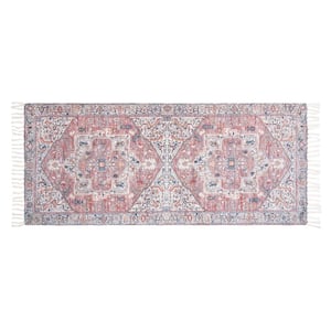 Chinille Fringe Machine Washable Blue/Red 2 ft. x 5 ft. Medallion Accent Area Rug