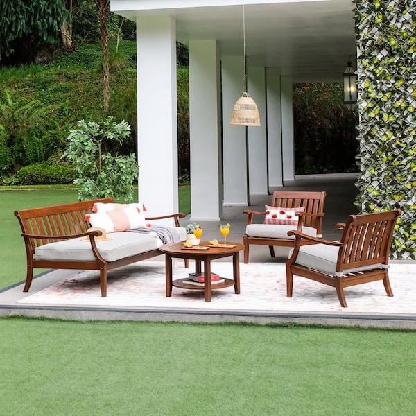 Cambridge Casual Maine Mahogany 4-Piece Wood Patio Conversation Set with Oyster Cushion