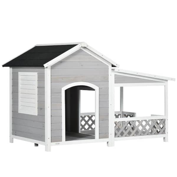 PawHut Wooden Dog House Outdoor with Porch, Light Gray