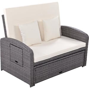 2-Piece Wicker Outdoor Chaise Lounge with White Cushions and Adjustable Backrest