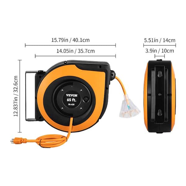 VEVOR Retractable Extension Cord Reel, 30 FT, Heavy Duty 16AWG/3C SJTOW Power  Cord, with Lighted