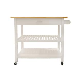 Minimalist Rolling Wood Top White Kitchen Cart with Drawers and 2-Tier Open Shelf