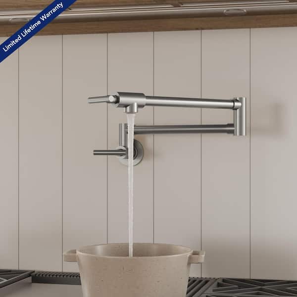 25.25 in. Extended Reach Wall Mount Pot Filler Kitchen Faucet 2-Handle with Dual Swivel Arms in Brushed Nickel