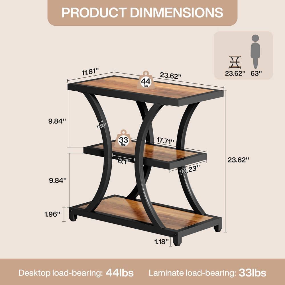 23.6 in. Rustic Brown Rectangle Engineered Wood End Table with Storage Shelves, Narrow Side Table with Metal Frame - thumbnail 4