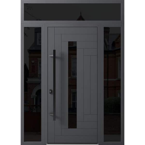 VDOMDOORS 0130 60 in. x 96 in. Right-hand/Inswing 3 Sidelights Tinted Glass Grey Steel Prehung Front Door with Hardware