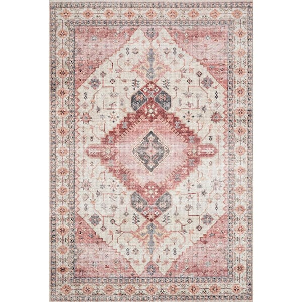 Skye Ivory/Berry 2'-6" X 12' Runner Printed Distressed Oriental Area Rug