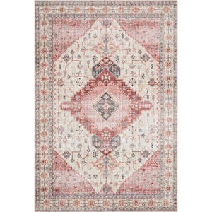 Skye Ivory/Berry 6 ft. x 6 ft. Round Printed Distressed Oriental Area Rug