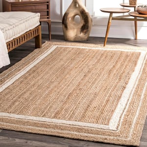 Rikki Braided Border Jute Off-White 8 ft. x 10 ft. Farmhouse Area Rug