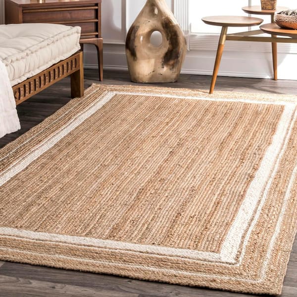 Rikki Braided Border Jute Off-White 9 ft. x 12 ft. Farmhouse Area Rug