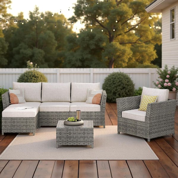 XIZZI Bella Gray 6-Piece Wicker Outdoor Sectional Set with Beige Cushions