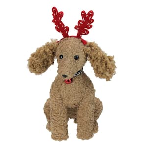 15.5 in. Plush Tan Bichon Fris Puppy Dog with Red Antlers Christmas Decoration