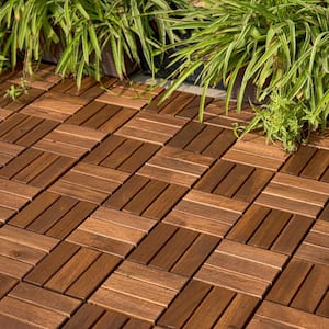 12 in.x12 in.Brown Checker Pattern Acacia Wood Interlocking Flooring Deck Tiles Square Outdoor Patio(Pack of 20Tiles)