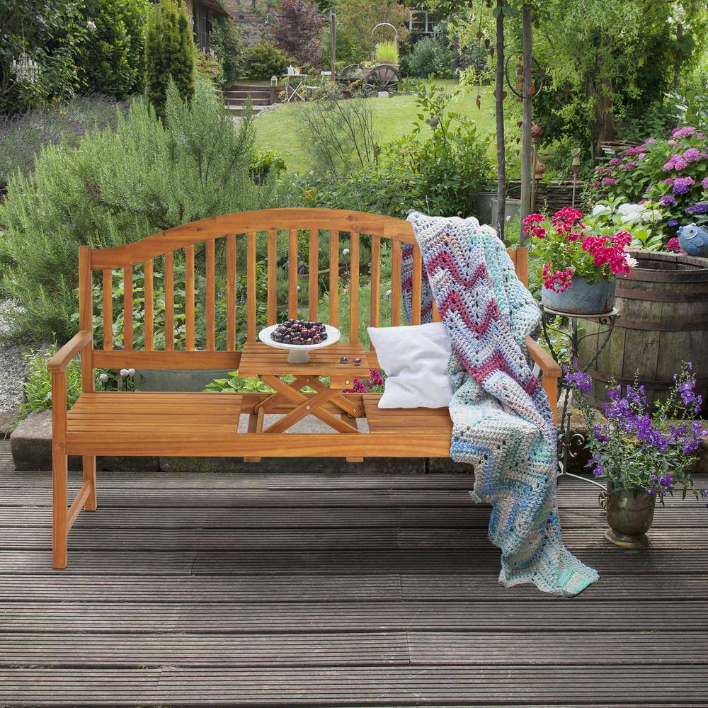 59" Rustic Acacia Wood Outdoor Bench with Pop-Up Table