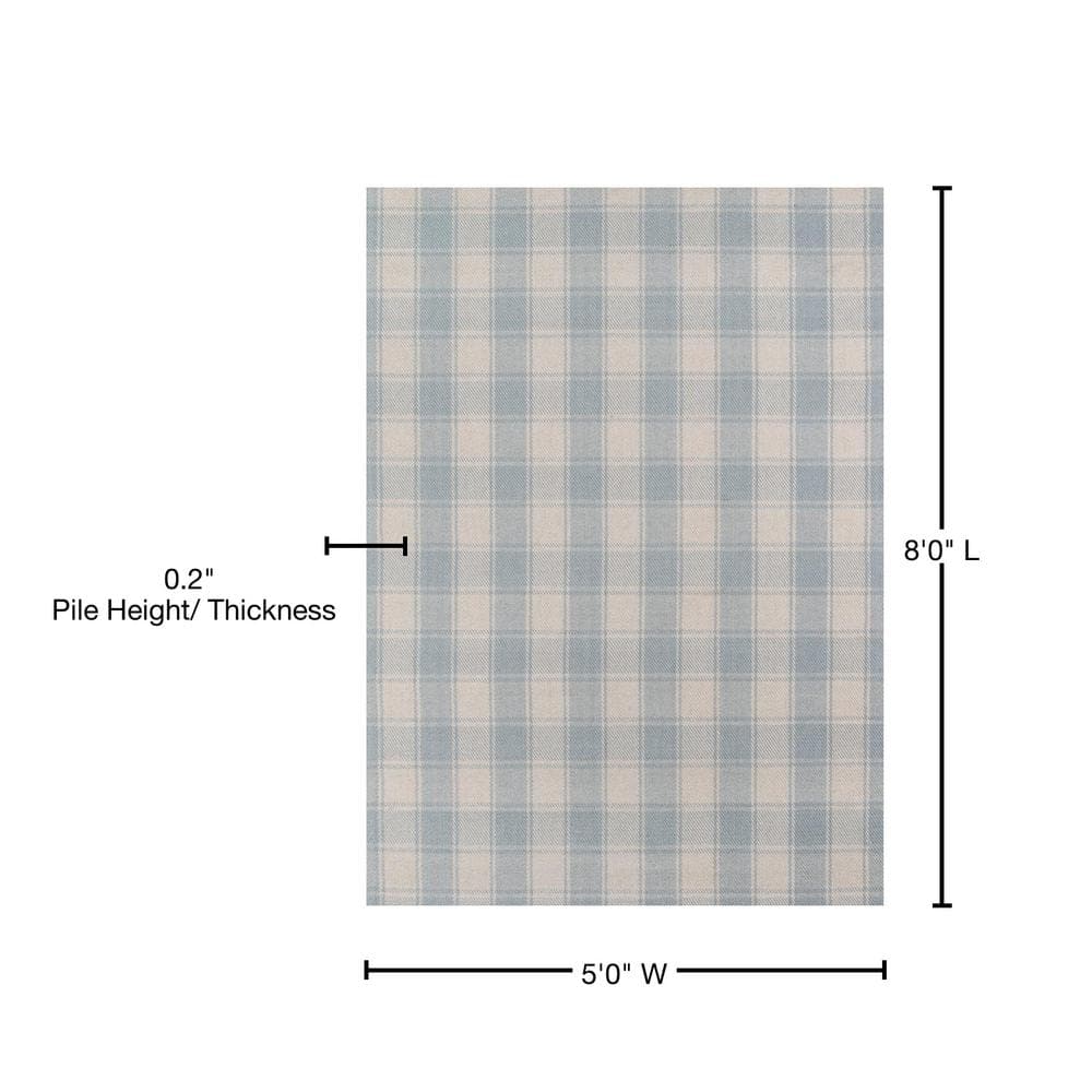 Light Blue and Ivory Handwoven Wool Plaid Area Rug 5' x 8'