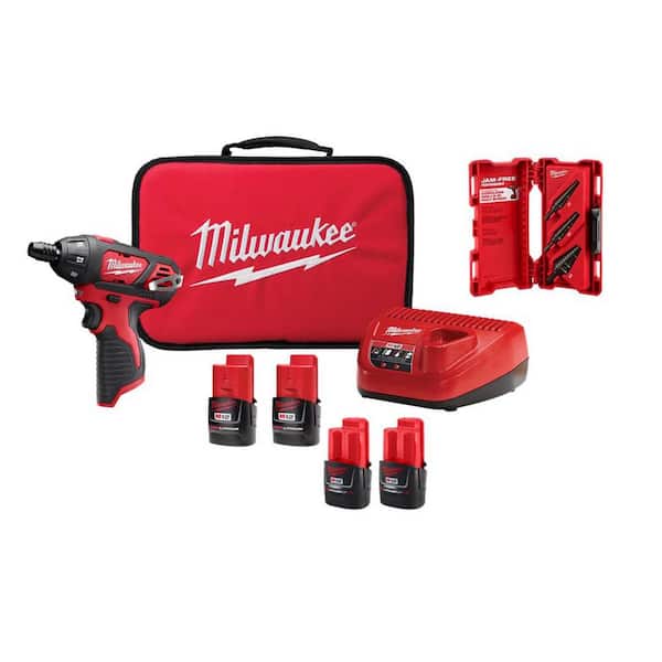 M12 12V Lithium-Ion Cordless 1/4 in. Hex Screwdriver Kit with (4) 1. 5Ah Batteries, Charger, Tool Bag, 3 Pc Step Bit Set