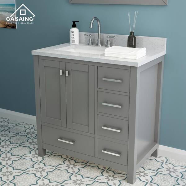 36 inch Single Solid Wood Bathroom Vanity Set, with Drawers, Carrara White Marble Top, 3 Faucet Hole, White, Size: Large