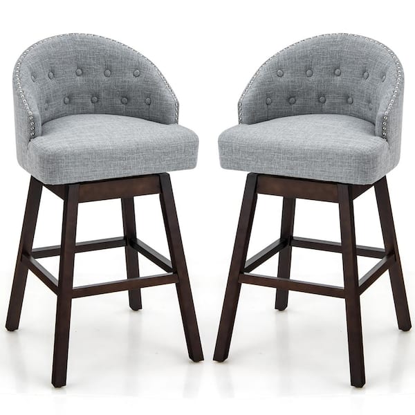 Costway Grey Swivel Bar Stools Tufted Bar Height Pub Chairs with Rubber Wood Legs (Set of 2)