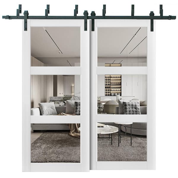 Sartodoors 60 in. x 96 in. 2 Panel Clear Glass White Solid Wood Sliding Barn Door with Hardware Kit
