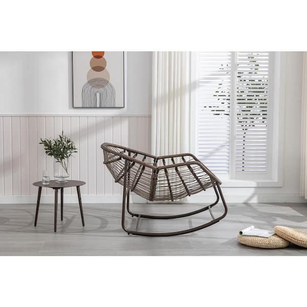 Wicker Outdoor Rocking Chair with Navy Blue Cushion, Rattan