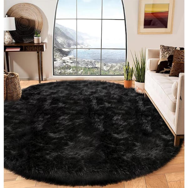 Sheepskin Faux Furry Black Cozy Fuzzy Rugs 6 ft. 6 in. Round Area Rug